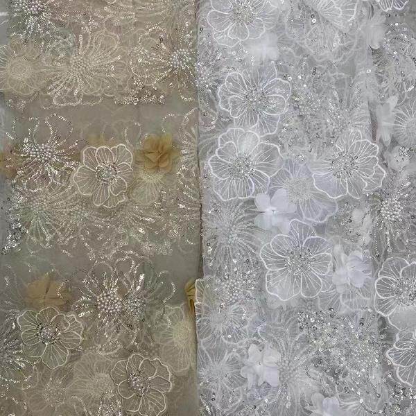 厂家直销 礼服重工珠管网纱刺绣蕾丝花边面料 立体海心棠泡珠绣