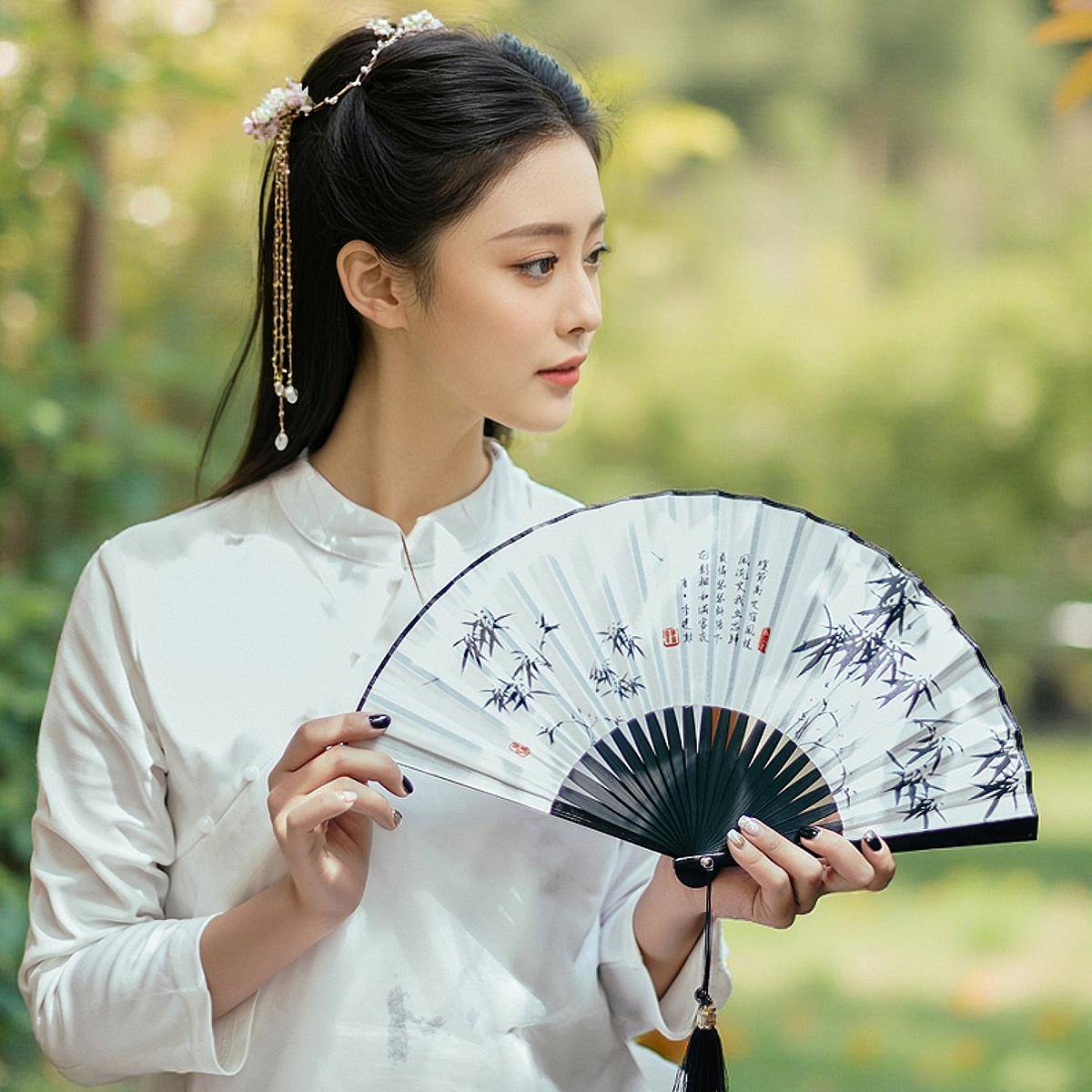 中国风古典折扇竹子古风汉服扇子男夏季便携流苏小扇女舞蹈折叠扇
