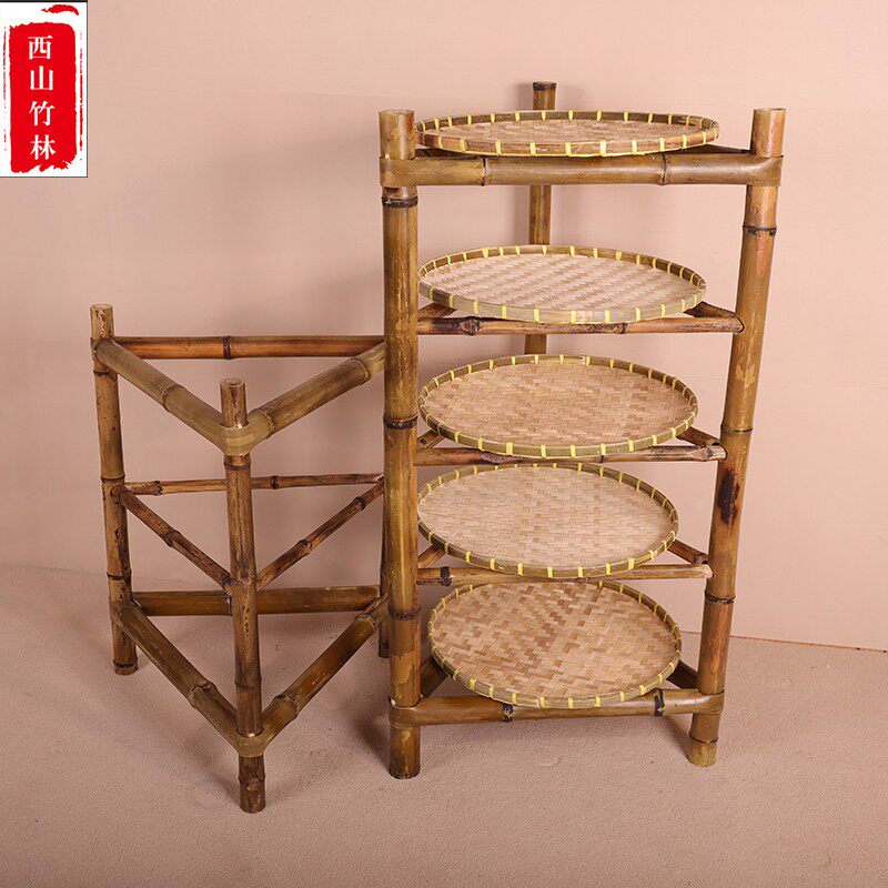 晾茶架簸箕架纯手工竹架子市井火锅三角架串串店菜架多层放置架