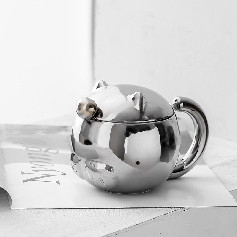 猫咪马克杯高级感陶瓷杯子设计小众家用情侣水杯带盖子勺创意咖啡