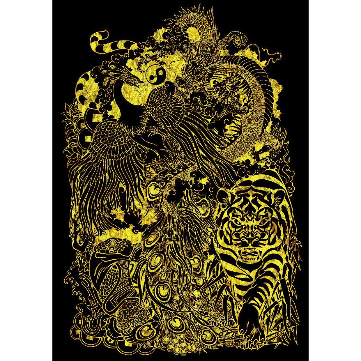 现代抽象描金挂画九龙四大神兽龙凤线稿 丙烯涂色diy手绘礼物油画