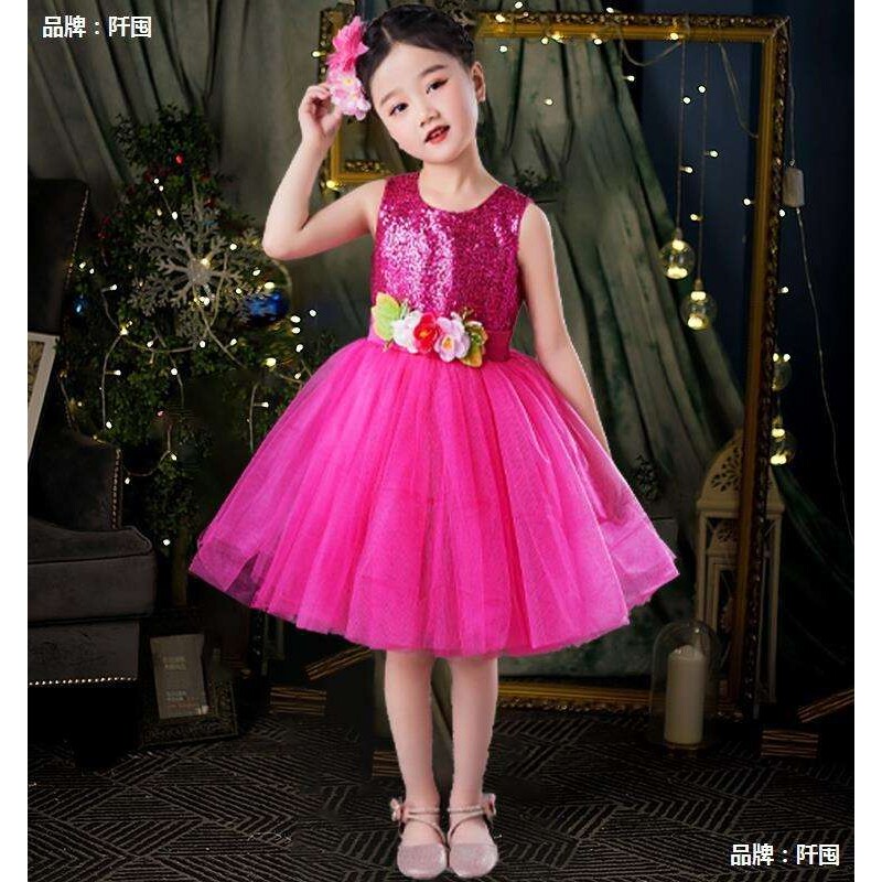 六一儿童演出服幼儿蓬蓬纱裙表演服玫红色亮片裙女童少儿舞蹈服装