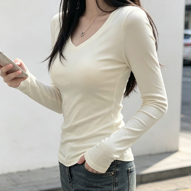 德绒v领长袖t恤女紧身内搭打底衫秋季新款修身显瘦正肩设计感