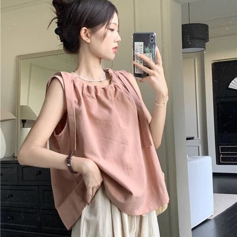 上衣无袖复古休闲甜美度假风韩版设计感ins系带气质T恤宽松女粉色