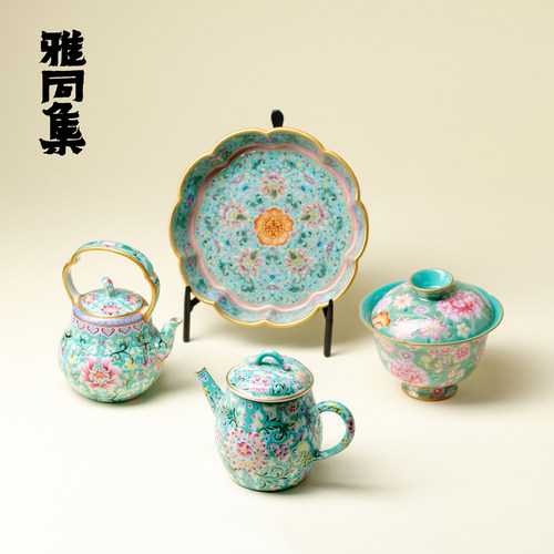 梵汝 灵玺贡坊松石绿地粉彩手绘功夫茶具景德镇陶瓷壶承盖碗茶壶