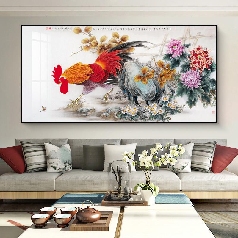 中式挂画划玄关大吉大利公鸡母鸡饭厅壁画划办公室金鸡报晓图装饰图片