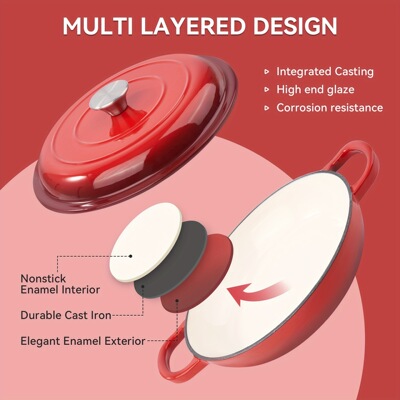 3 Quart EnameLED Shallow Cast Iron Dutch Oven With Lid,