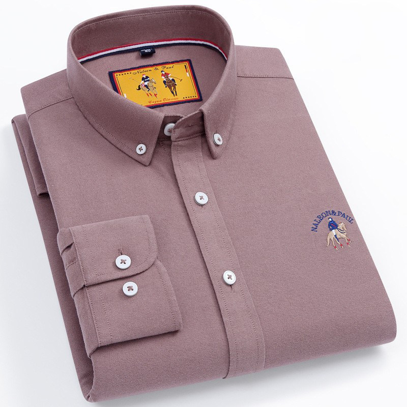 保罗牛津纺纯棉磨毛长袖衬衫男士春秋中青年时尚百搭纯色休闲衬衣