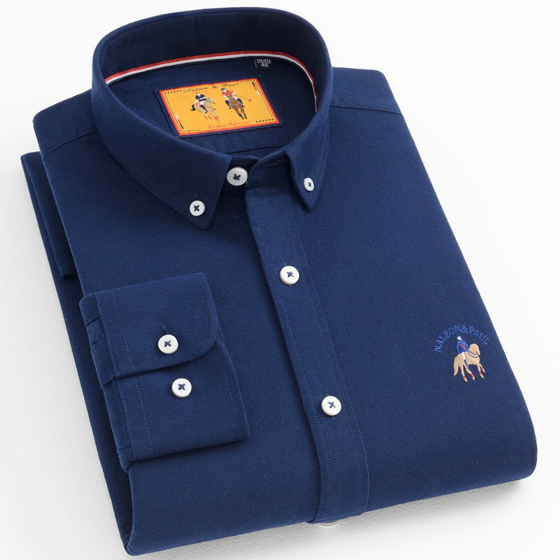 保罗牛津纺纯棉磨毛长袖衬衫男士春秋中青年时尚百搭纯色休闲衬衣