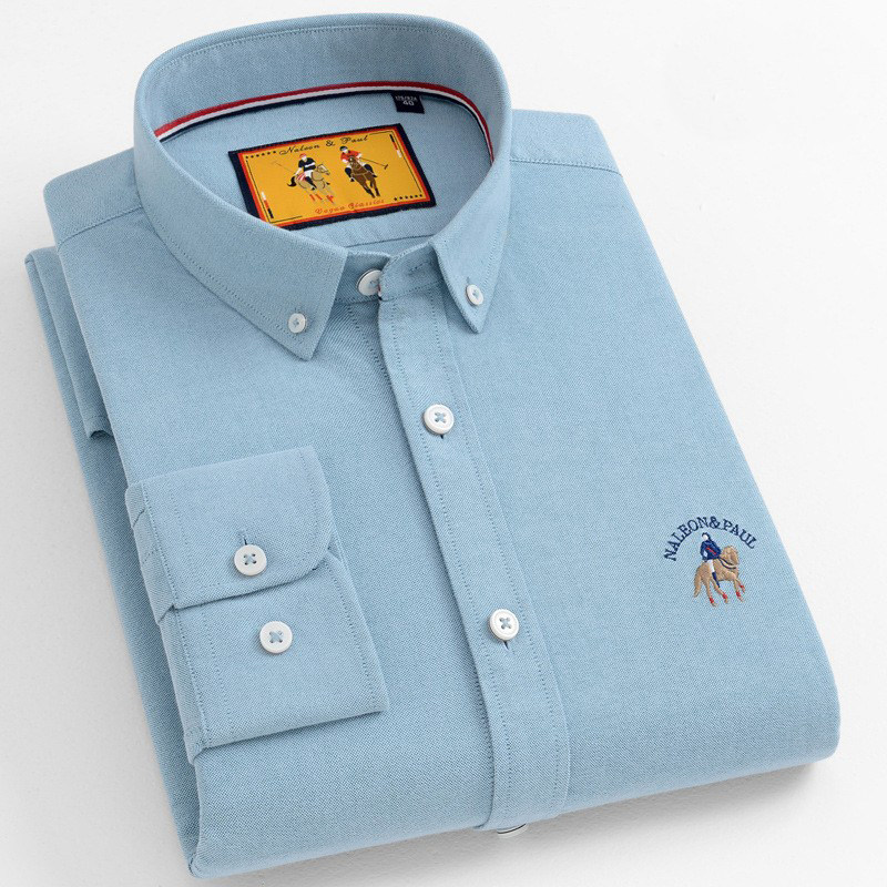 保罗牛津纺纯棉磨毛长袖衬衫男士春秋中青年时尚百搭纯色休闲衬衣