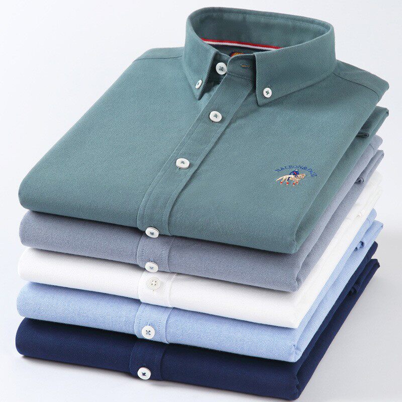 保罗牛津纺纯棉磨毛长袖衬衫男士春秋中青年时尚百搭纯色休闲衬衣