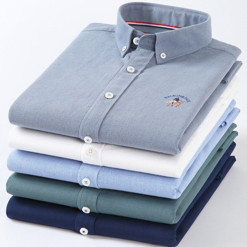 保罗牛津纺纯棉磨毛长袖衬衫男士春秋中青年时尚百搭纯色休闲衬衣