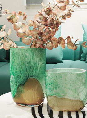 晶淳 三彩釉 绿色海洋风清新现代风餐桌玄关插花软装摆件玻璃花瓶