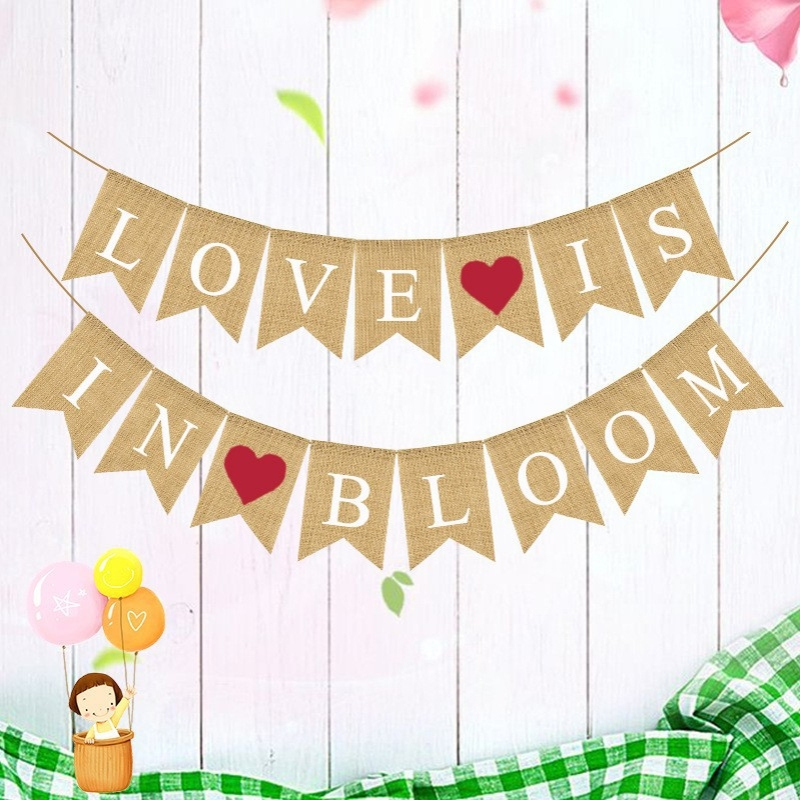 厂家直供结婚串旗婚庆派对装饰拉花LOVE IS IN BLOOM麻布燕尾拉旗