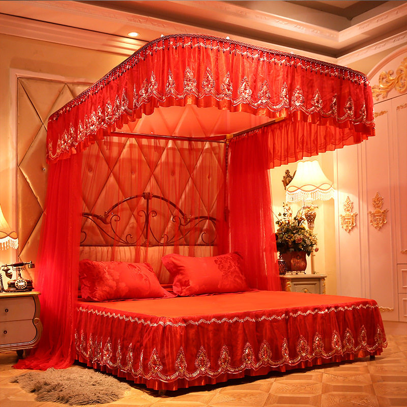 U型轨道蚊帐家用双人导轨婚庆滑轨新款三开门加密伸缩公主风纹帐