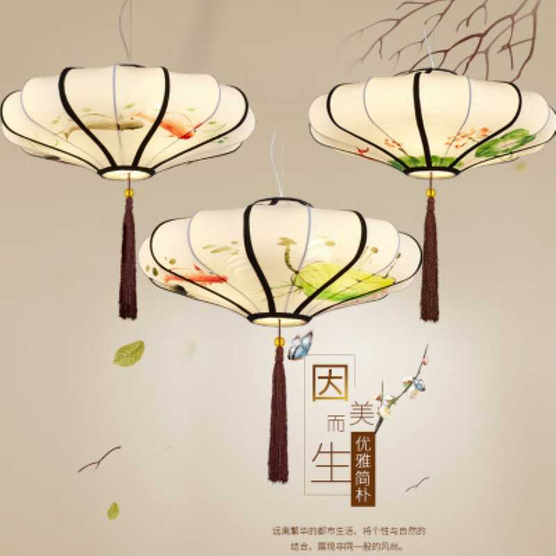 中式仿古灯笼古典手绘画水墨画灯笼酒店餐厅茶楼会所布艺装饰吊灯图片