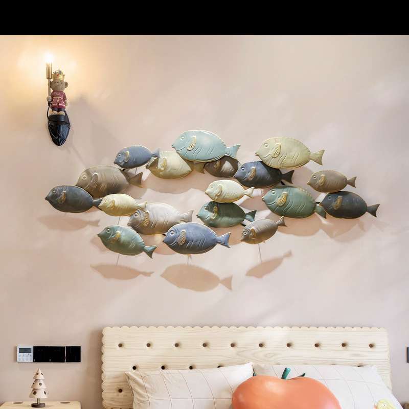 地中海风格墙面装饰儿童房创意软装铁艺壁饰墙上挂件群鱼立体墙饰
