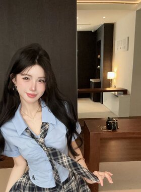 实拍实价 学院风辣妹jk显瘦短袖刺绣衬衫短款上衣A字格子短裙套装