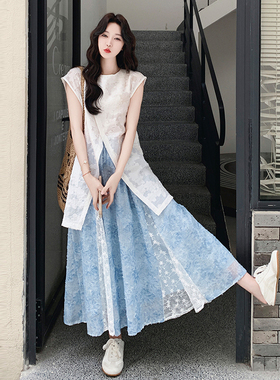 巨好看蕾丝拼接休闲套装女夏2026新款设计感无袖上衣半身裙两件套