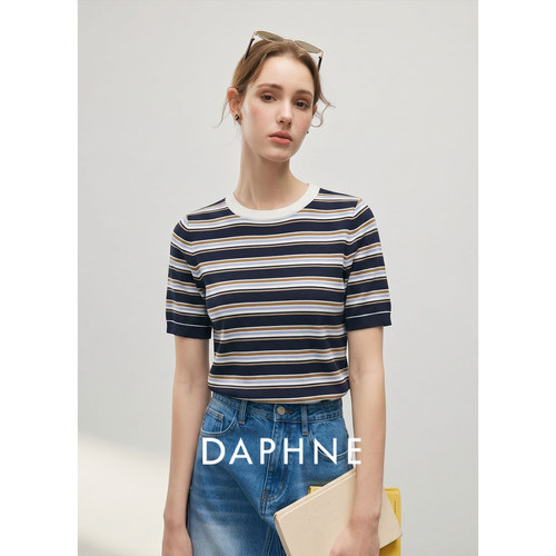 Daphne达芙妮真丝学院风条纹短袖针织衫女夏复古圆领修身T恤上衣