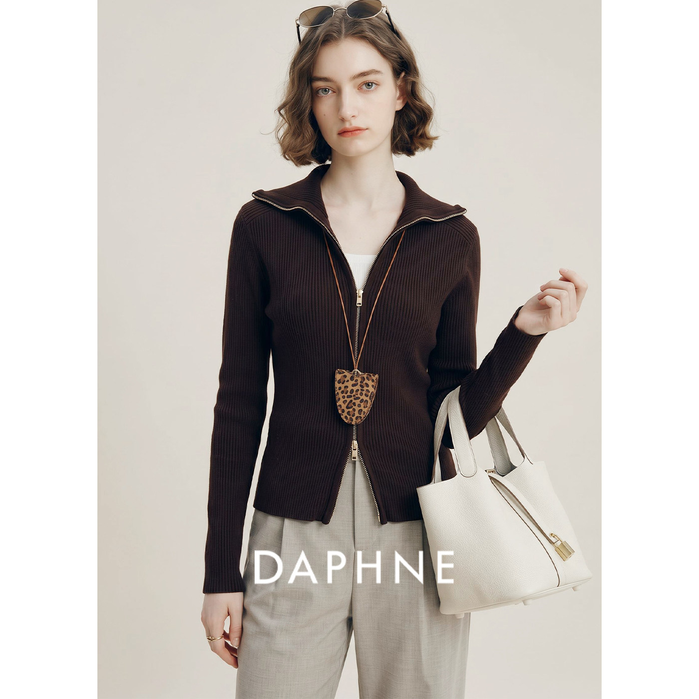 Daphne达芙妮羊毛复古风双拉链长袖针织T恤女秋翻领修身显瘦上衣