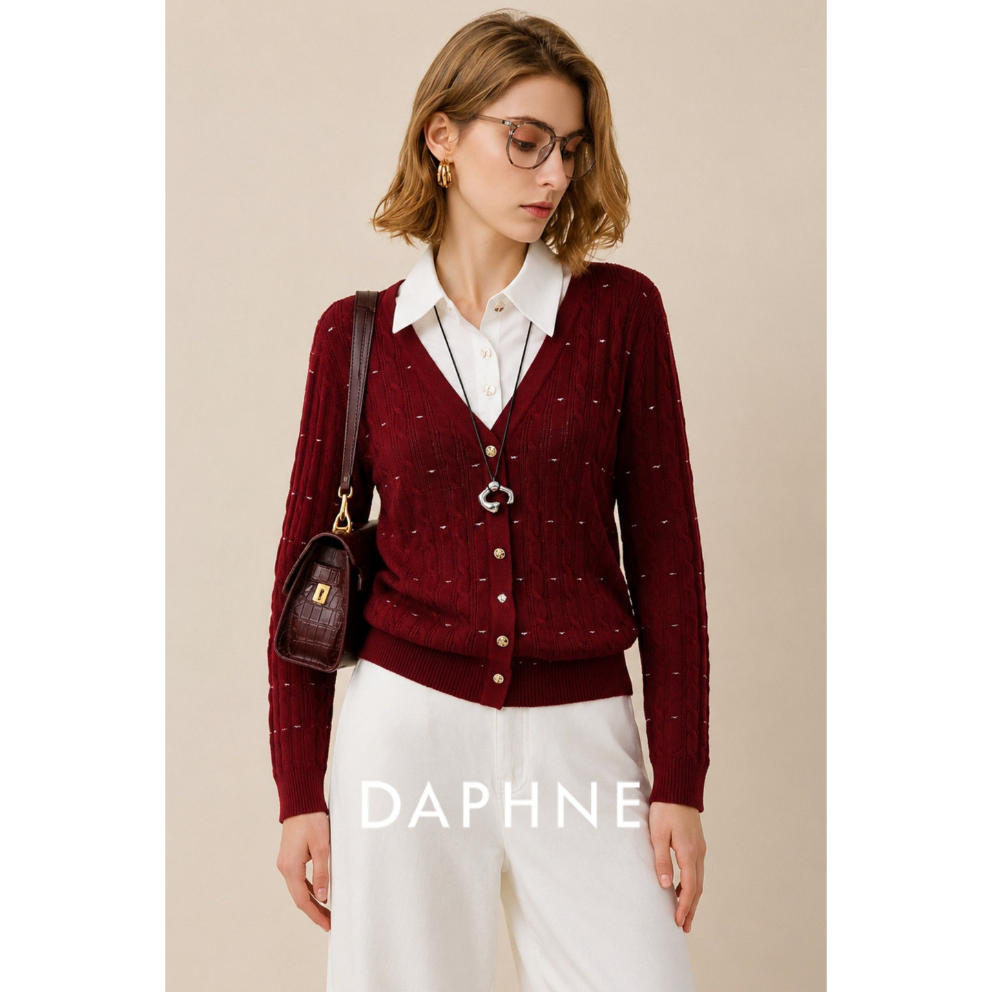 Daphne达芙妮老钱风V领麻花纹毛衣针织开衫女秋宽松显瘦百搭外套