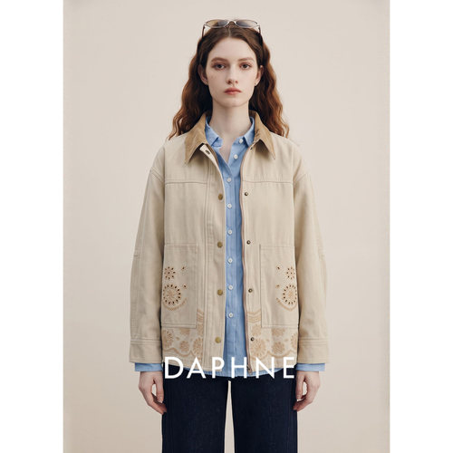 Daphne达芙妮匹马棉复古工装风刺绣短外套女秋翻领纽扣夹克小外套