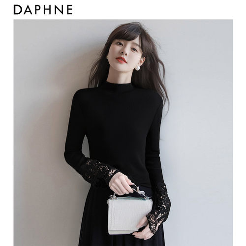 Daphne/达芙妮丝毛修身蕾丝拼接针织衫女打底衫2026春秋新款毛衣