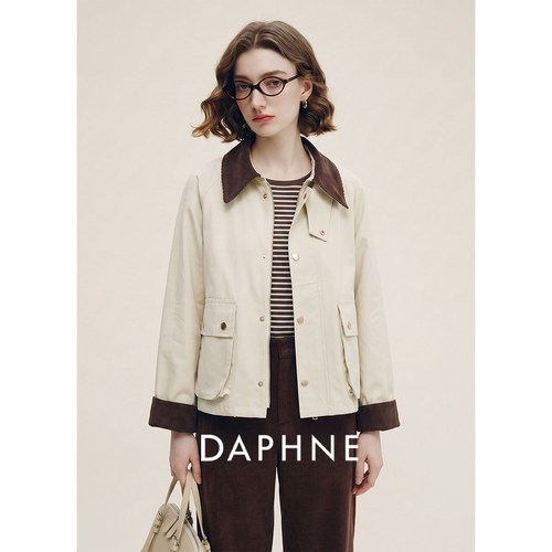 Daphne达芙妮匹马棉复古工装风撞色长袖短外套女秋多口袋宽松夹克