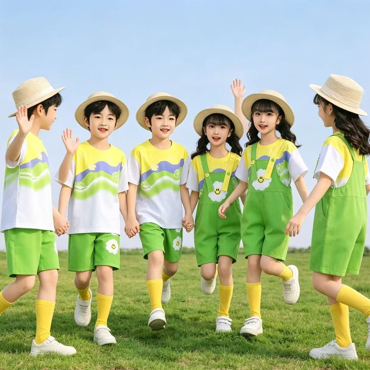 儿童演出男女童啦啦队表演服幼儿园小学生运动会服装背带裤糖果风