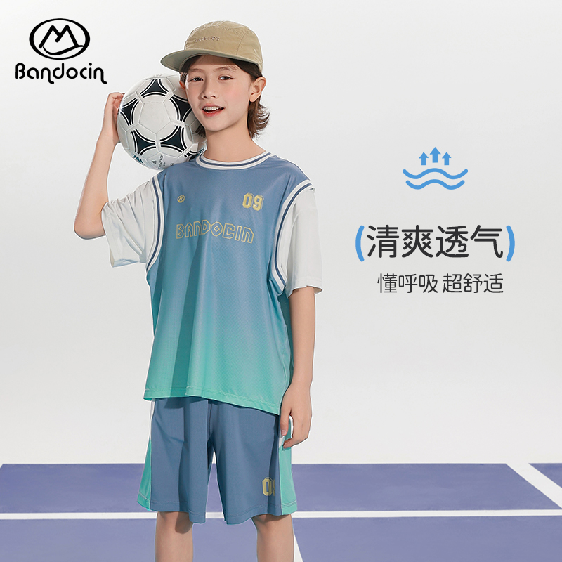 半度闲男童夏装运动套装2025新款儿童假两件篮球服夏季短袖两件套