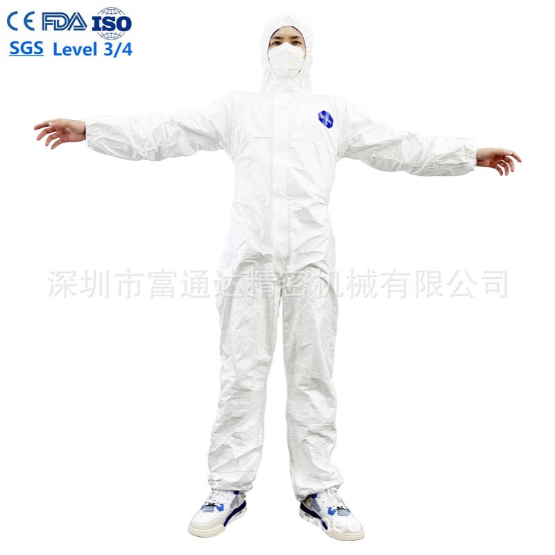 工厂现货Type 5/6一次性SMS连体防护服白色带帽防护衣防尘EN14126