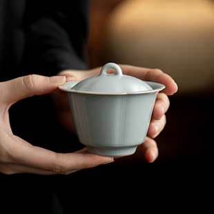 耀州窑天青陶瓷盖碗功夫茶具家用仿烫手工泡茶碗仿古文人盖碗