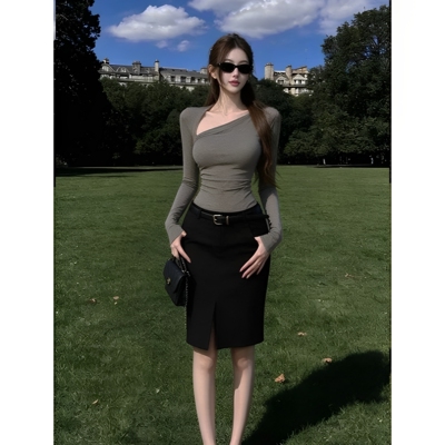 秋季御姐纯欲斜肩高腰半裙套装