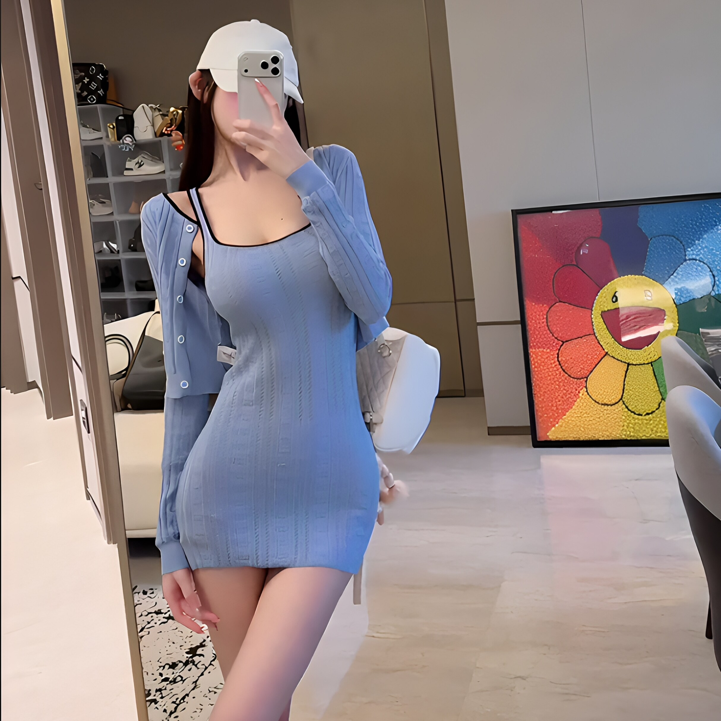 早秋性感纯欲御姐风套装女针织开衫上衣吊带连衣裙包臀短裙两件套