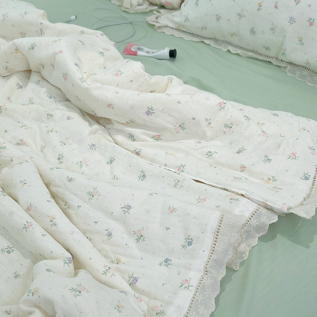 A类母婴级全棉双层纱花边夏被四件套 法式蕾丝空调被夏季可水洗被
