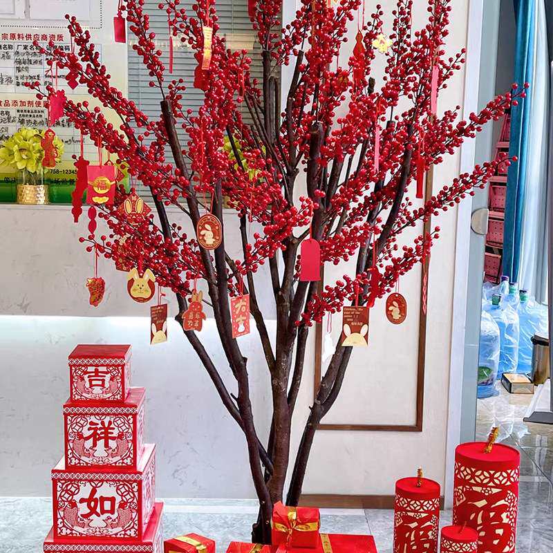 仿真红果树实木仿真北美冬青树红色发财树年宵花新年装饰树花卉