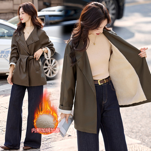 美拉德加绒加厚皮衣外套女中长款韩系百搭系带风衣皮夹克