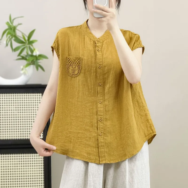夏季纯色棉麻蕾丝宽松显瘦背心女