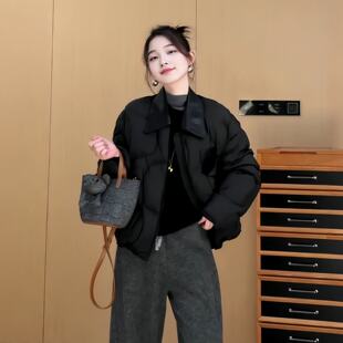 黑色翻领短款羽绒服女2025秋冬大码胖MM宽松轻薄长袖保暖时尚外套