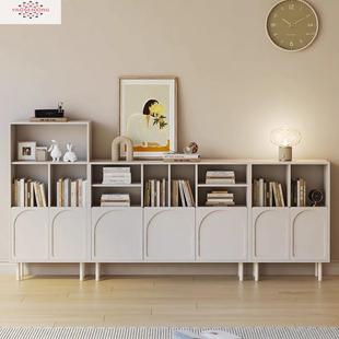 奶油风书柜整墙自由组合一体落地法式 展示柜客厅靠墙收纳矮储物柜