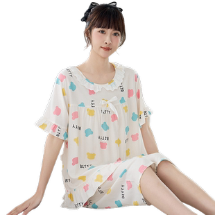 小清新睡衣女夏季薄款棉绸套装可爱空调家居服初中学生短袖七分裤