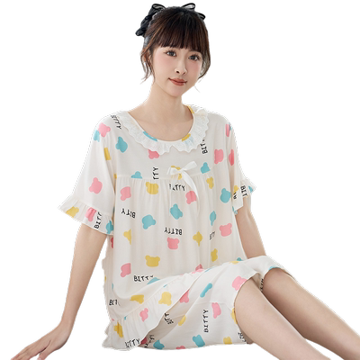 小清新睡衣女夏季薄款棉绸套装可爱空调家居服初中学生短袖七分裤