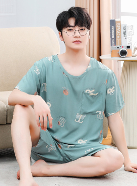 夏季青年男士棉绸睡衣套装短袖短裤绵绸薄款青少年初中学生家居服