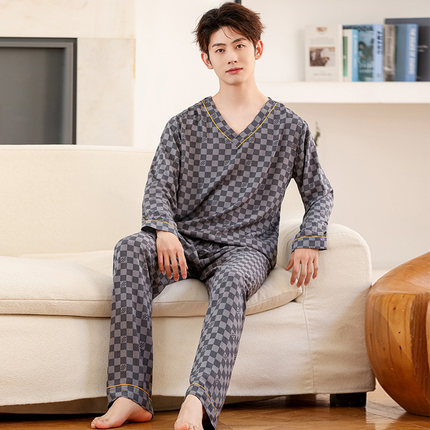 夏季薄款男士棉绸睡衣套装V领长袖长裤春秋新款青少年绵绸家居服