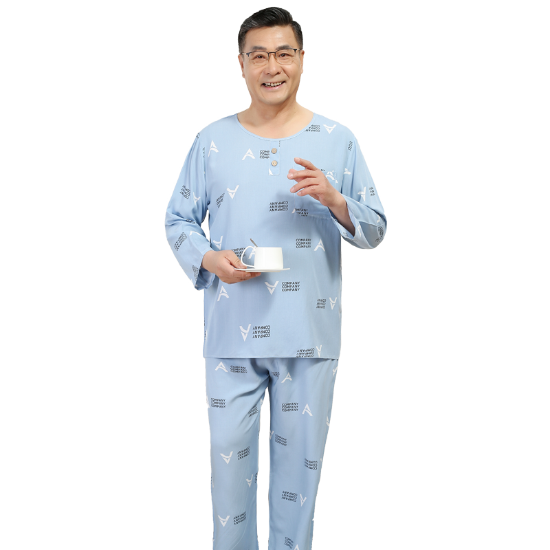 夏季中老年男士棉绸睡衣爸爸老人造棉长袖长裤绵绸空调家居服套装