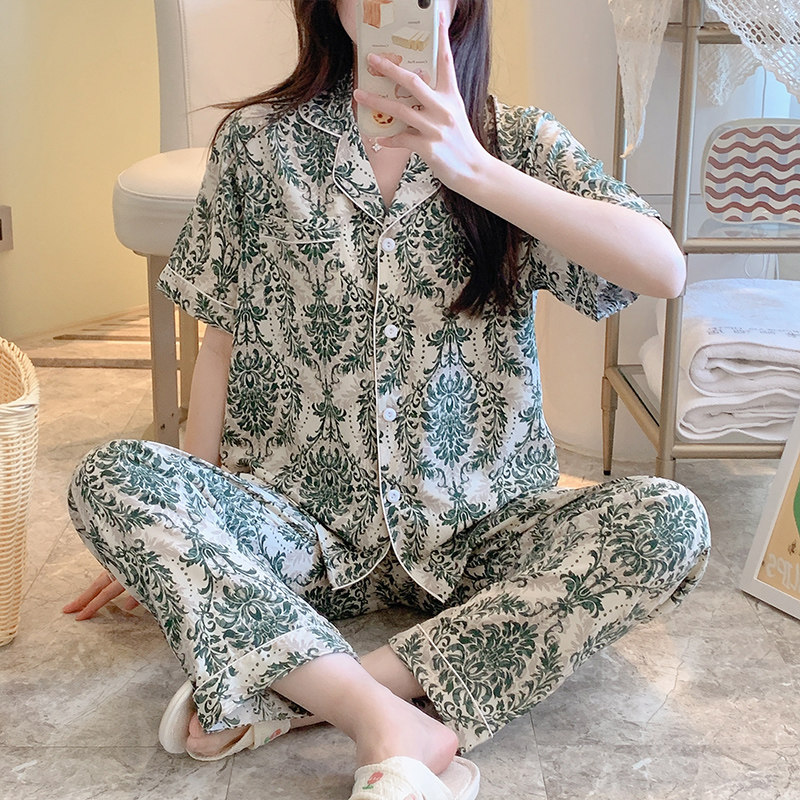 夏天棉绸睡衣女春秋款短袖长裤开衫两件式套装少女绵绸家居服人造