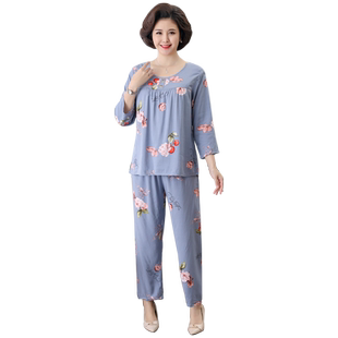 春秋大码棉绸睡衣女夏季薄款长袖绵绸两件套装中老年人造棉家居服