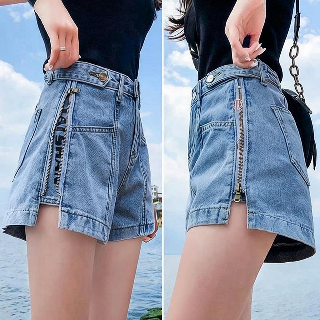 浅色侧拉链高腰牛仔短裤女宽松夏