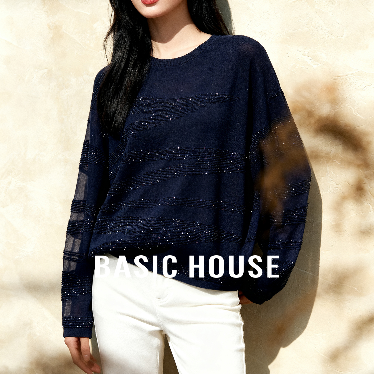 Basic House/百家好绵羊毛亮片针织衫女秋季新款简约圆领宽松上衣